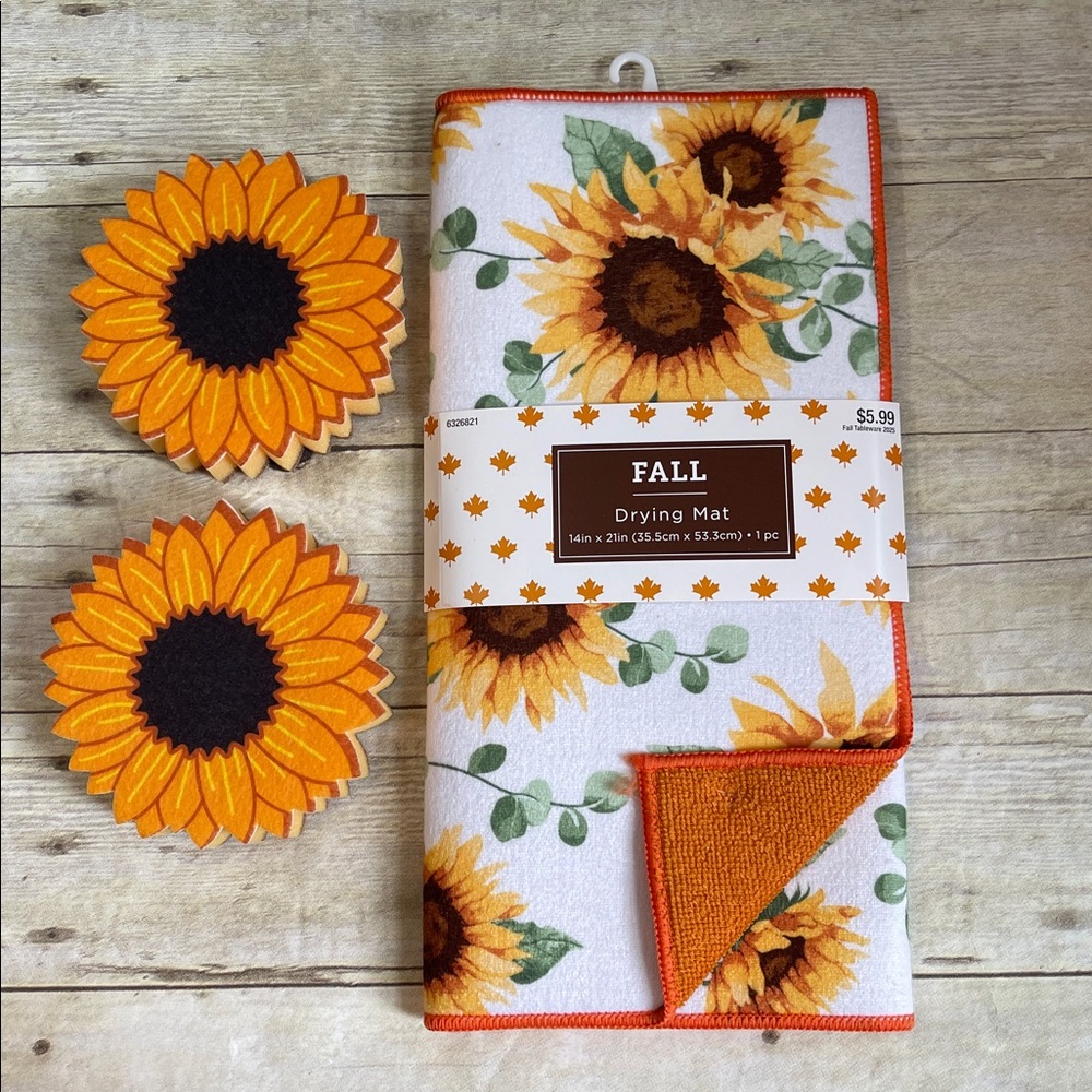 Bundle of Three Sunflower Print Dish Drying Mat & 2 Sunflower Scrubbers